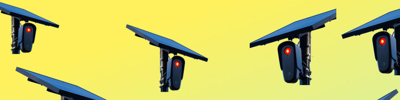 Illustrations of Flock cameras on colored background.
